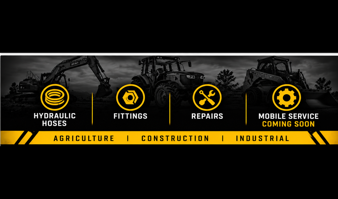 Taw Caw Hydraulics service artwork showing hydraulic hoses, fittings, repairs and on-site service