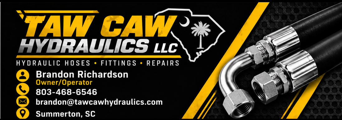 Taw Caw Hydraulics LLC logo with South Carolina palmetto, hydraulic fittings, phone and email